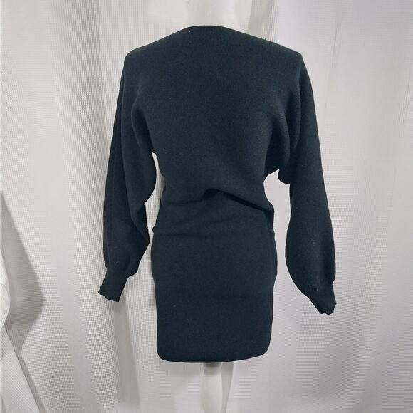 BLUIVY! RICH BLACK HEAVY/FINE KNIT PUFF SLEEVE SHEATH SWEATER DRESS! SZ L - Picture 5 of 8